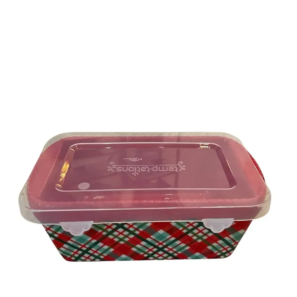 Temptations by Tara Mini Ceramic Loaf Pan w/ Lid 12oz Holiday Plaid Red Green